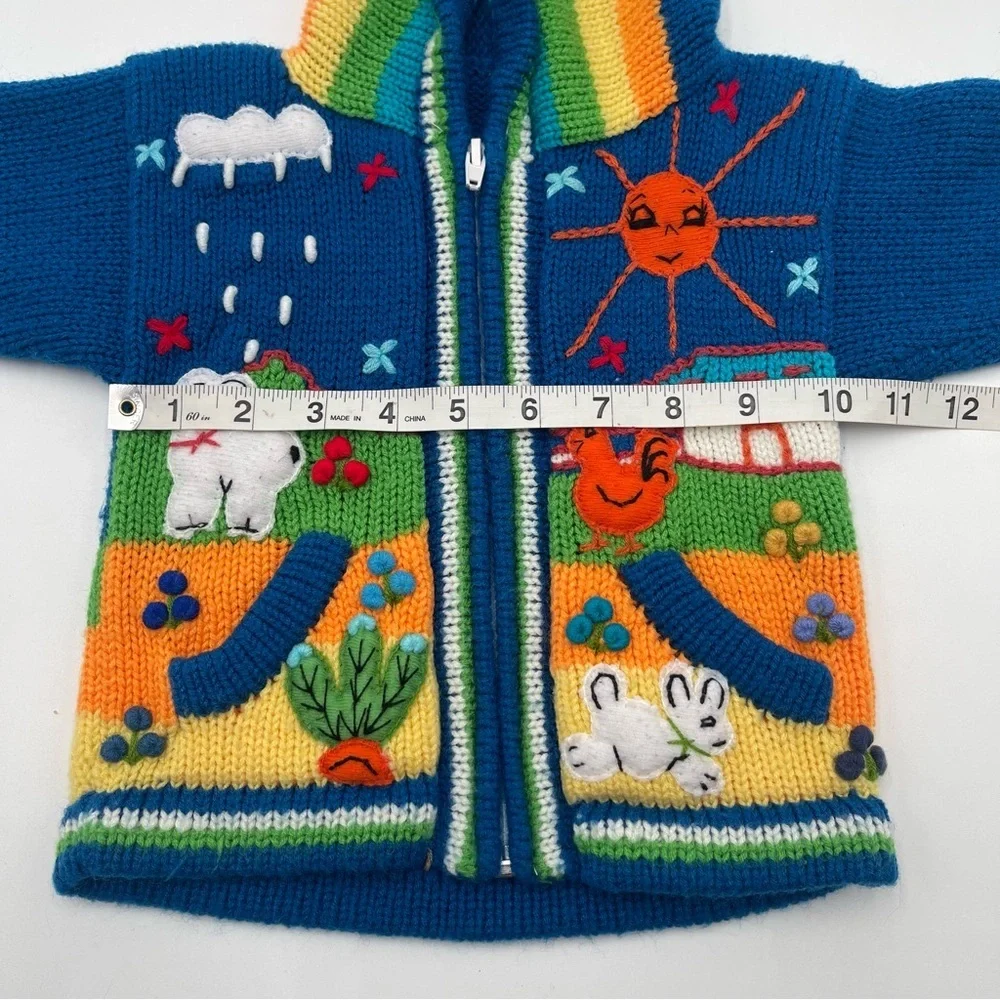 Handmade Knit Sweater Hoodie Baby Infant 0-6 Mos Folk Art Farm Animals Full Zip
